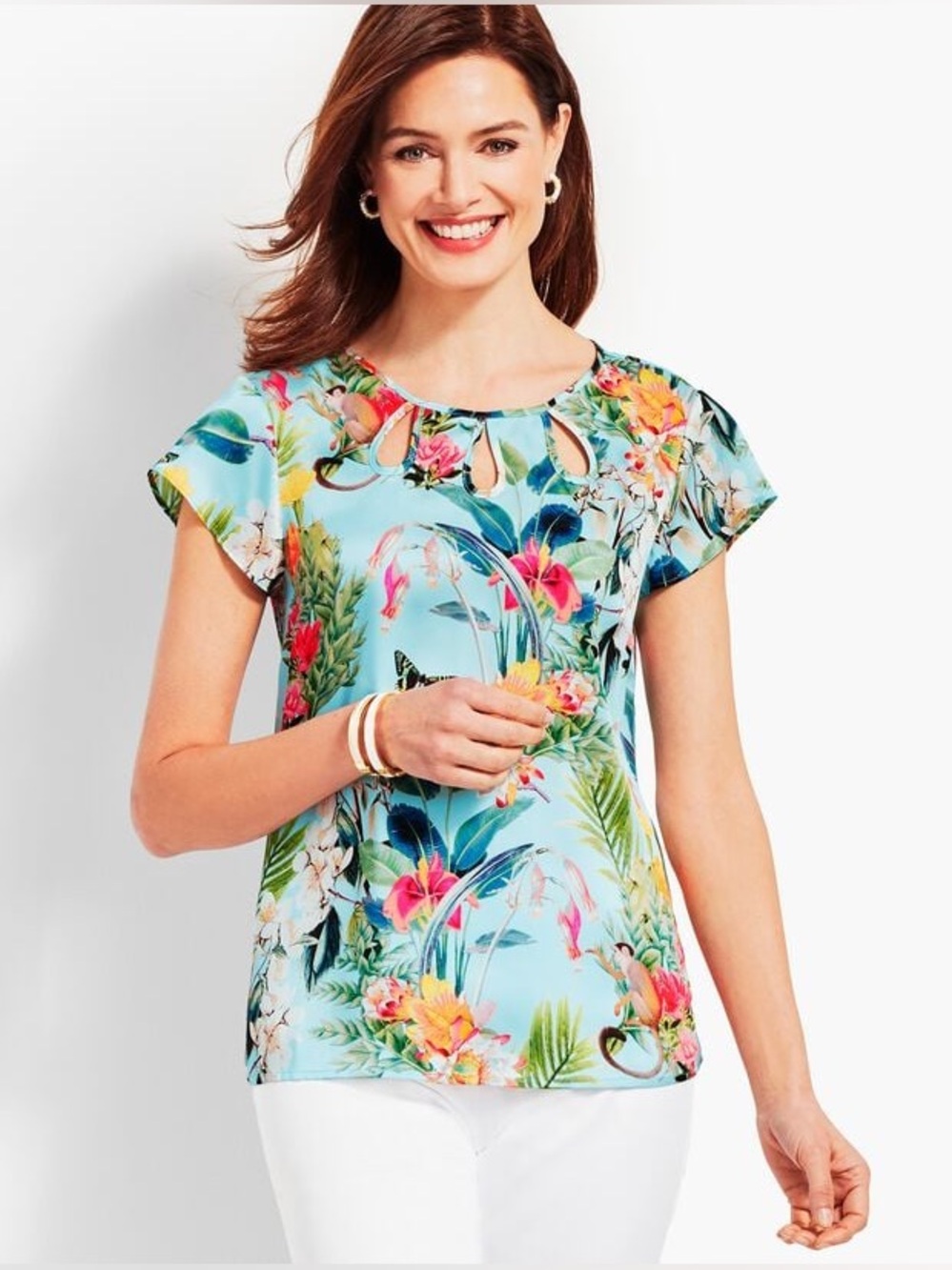 TALBOT FLUTTER-SLEEVE TEARDROP CUTOUT TOP- LARGE- ISLAND RESORT, TROPICAL